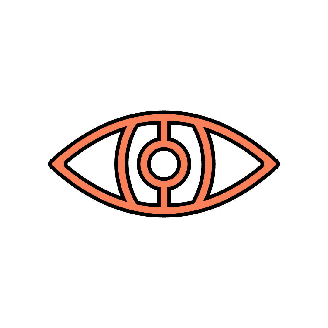 Un'icona a forma di occhio arancione con traccia nera.