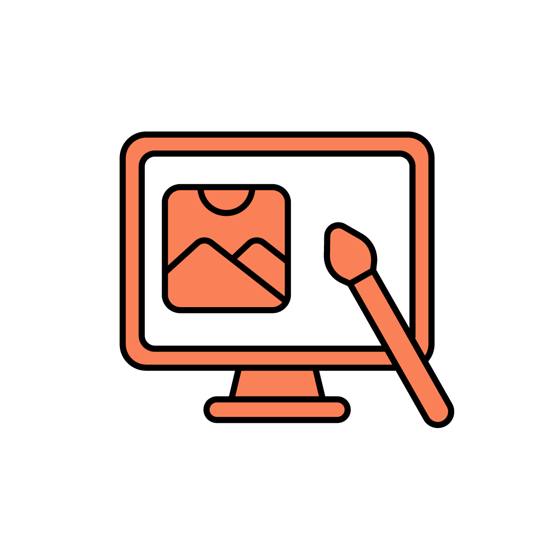 Un'icona arancione di arte digitale Lampo Creativo con sopra un pennello con traccia nera.
