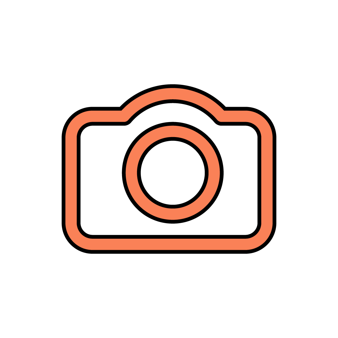 Un'icona di una fotocamera arancione con traccia nera.