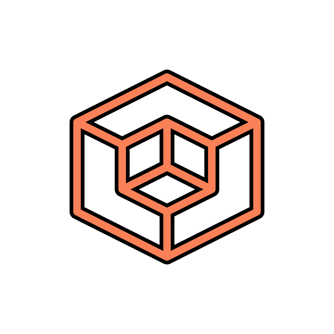 Un'icona di un cubo arancione e nero con traccia nera.