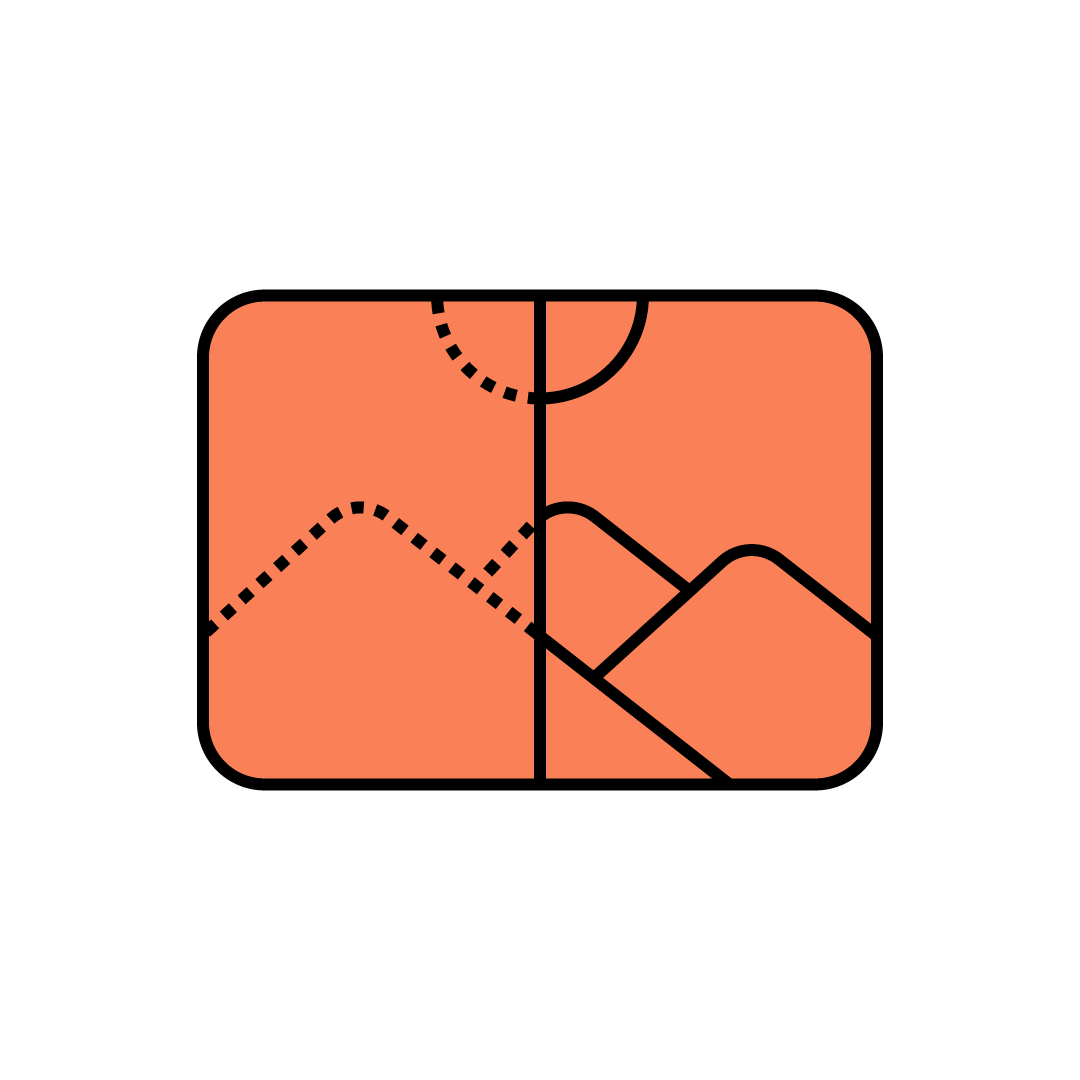 Un'icona arancione e nera con una montagna al centro con traccia nera.