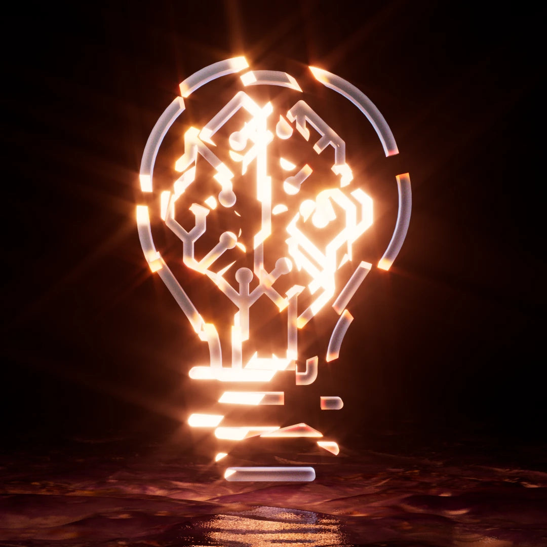 Logo scomposto di Lampo Creativo 3D di vetro con bagliore di luce arancione, sfondo nero